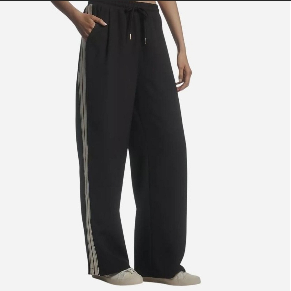 bishop + young Black Wide-Leg Track Pants with White Side Stripes